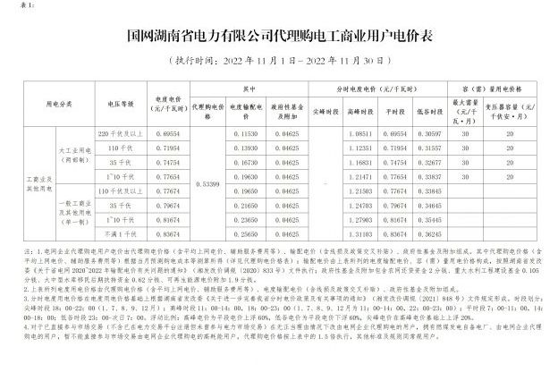 国网湖南省电力有限公司代理购电工商业用户分时电价表-2022年11月