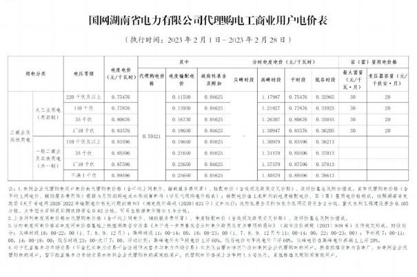 国网湖南省电力有限公司代理购电工商业用户分时电价表-2023年2月